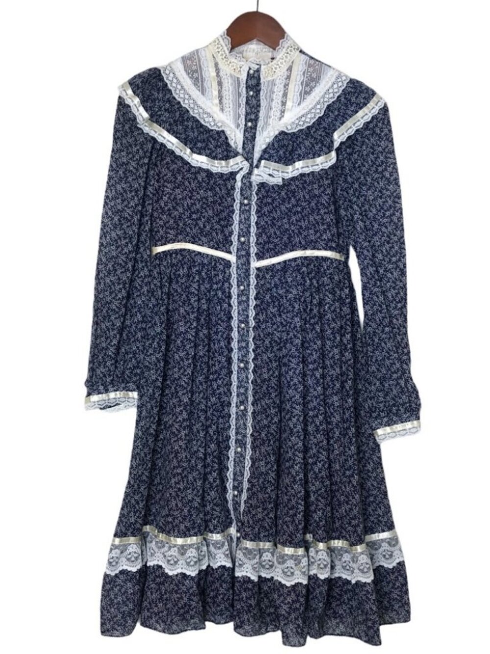 Gunne Sax Blue White Floral Print Pearl Lace Button Midi Dress